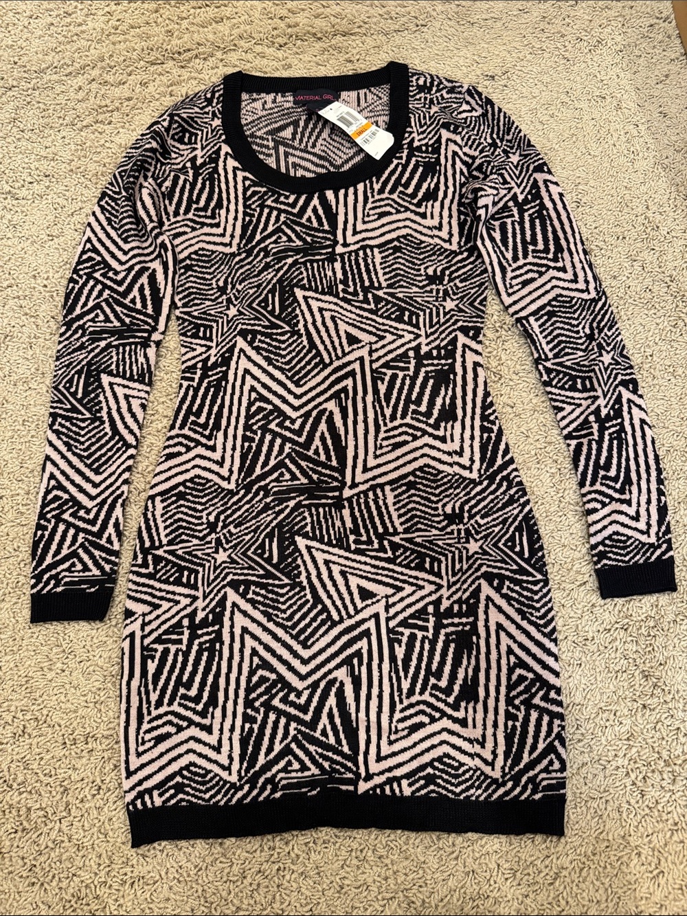 Material Girl Pink & Black Geometric Crew Neck Sweater Dress